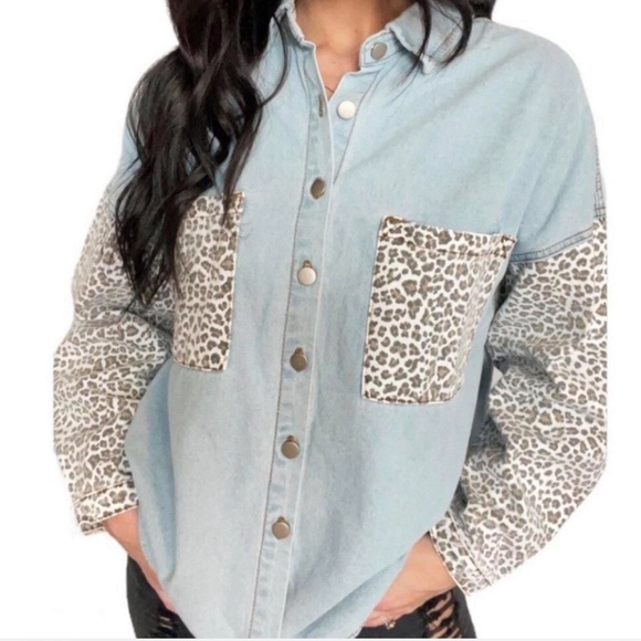 POL Tops - POL Light Blue Button-Down Denim Shirt with Leopard Print Pockets and Sleeves